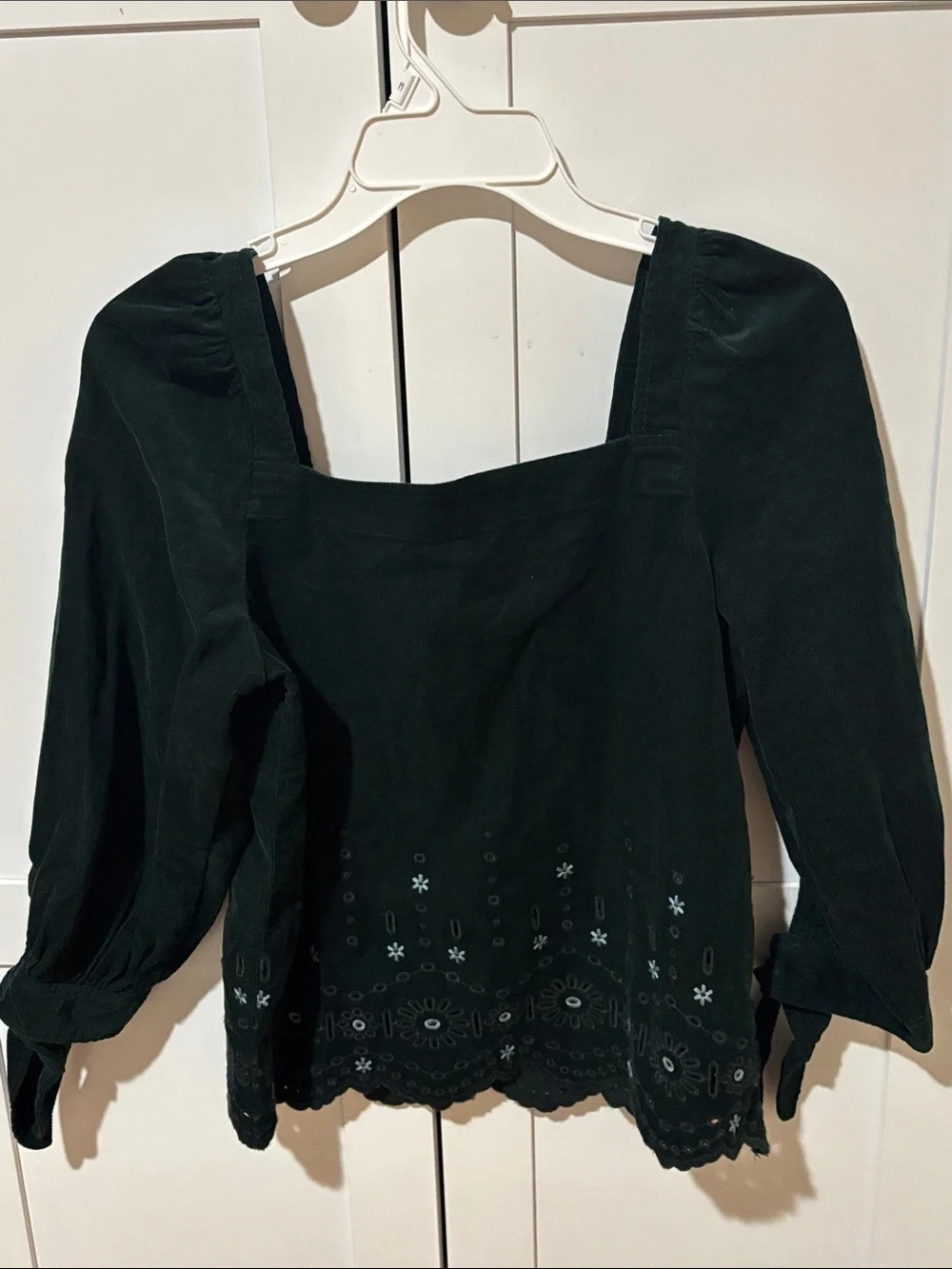 Madewell Embroidered Eyelet Corduroy Tie-Sleeve Top Blouse Dark Palm